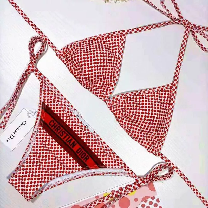 Cheap Christian Dior Bikini Women Dots Motif Lycra Red 0115 Luxury