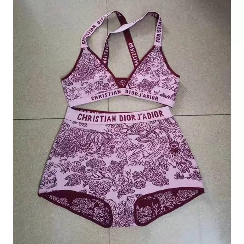 Christian Dior J'Adior High Waisted Crisscross Bikini Women Toile De Jouy Motif Lycra Burgundy 0113 Luxury