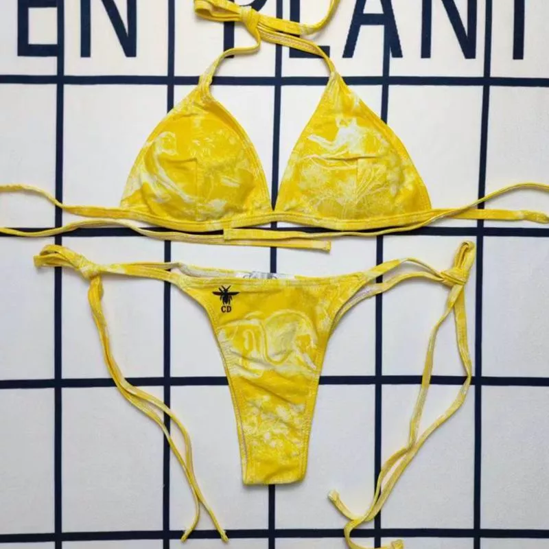 Dior Bikini Women Toile De Jouy with Bee CD Motif Lycra Yellow 0115 Luxury