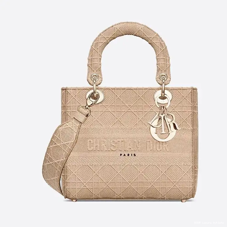 Cannage Motif Beige Canvas Lady D-lite Bag Medium 0321 Luxury